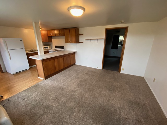 An empty, freshly cleaned room with carpet on one side and a hardwood kitchen on the other